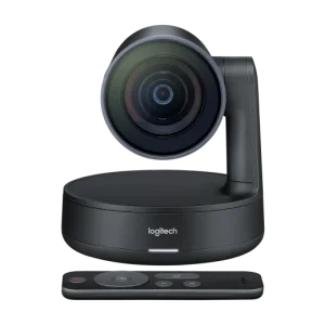 Logitech Rally Camera siyah PTZ kamera ve kumandası ön görünüm