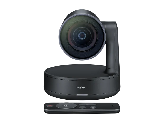 Logitech Rally Camera siyah PTZ kamera ve kumandası ön görünüm
