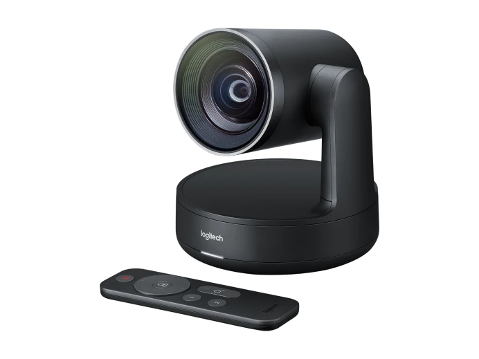 Logitech Rally Camera siyah PTZ kamera ve kumandası açılı görünüm