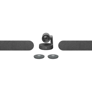 Logitech Rally Plus orijinal kamera, iki hoparlör, iki mikrofon ve hub bileşenleri